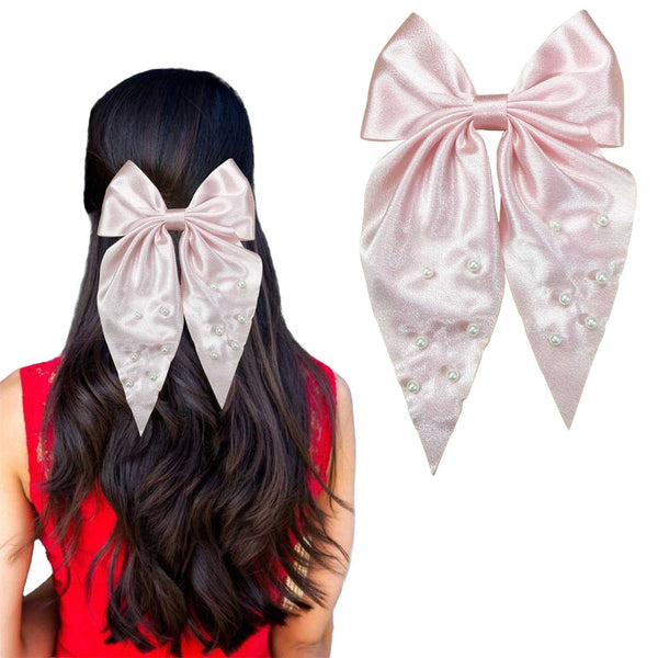 SATIN PEARL BOW- BARRETTE CLIP