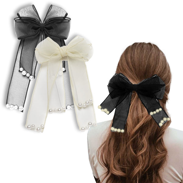 LAYERED RIBBON HAIR BOW WITH PEARLS -BARRETTE CLIP  (SET OF 2)