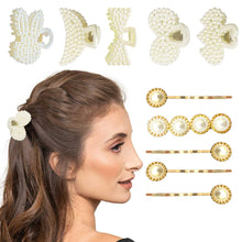 GOLDEN HAIR PIN WITH PEARLS (SET OF 5)+ WHITE PEARL SMALL CLUTCHER- MULTIDESIGN (SET OF 5)