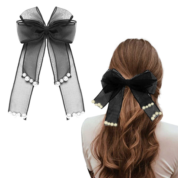 LAYERED RIBBON HAIR BOW WITH PEARLS -BARRETTE CLIP
