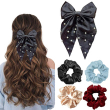 SATIN PEARL BOW- BARRETTE CLIP + 2 SATIN SRUNCHIES