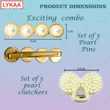 GOLDEN HAIR PIN WITH PEARLS (SET OF 5)+ WHITE PEARL SMALL CLUTCHER- MULTIDESIGN (SET OF 5)
