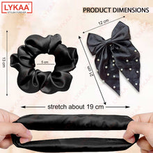SATIN PEARL BOW- BARRETTE CLIP + 2 SATIN SRUNCHIES