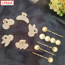 GOLDEN HAIR PIN WITH PEARLS (SET OF 5)+ WHITE PEARL SMALL CLUTCHER- MULTIDESIGN (SET OF 5)