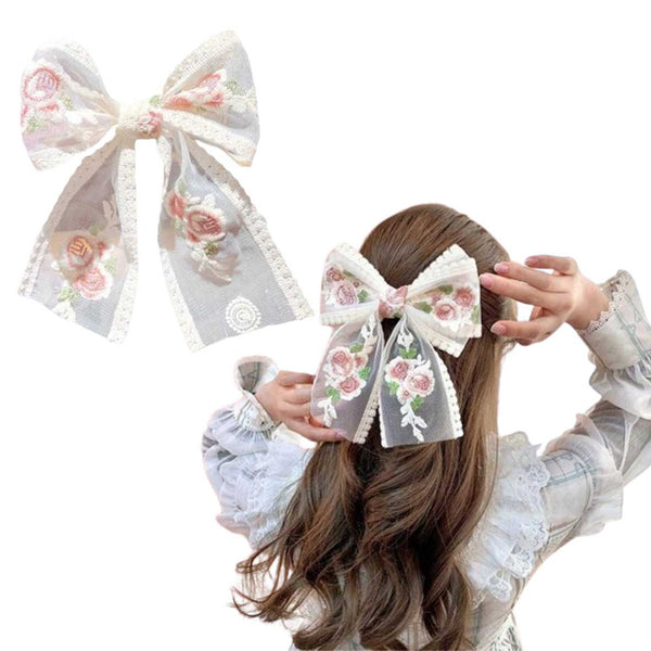 FLORAL EMBROIDERED WHITE LACE BOW- BARRETTE CLIP