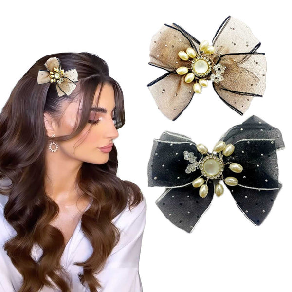 Embellished Crystal & Pearl BROTCH Hair Bow- Barrette Clip