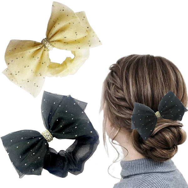 EMBELLISHED SHIMMER BOW WITH RUBBER BAND - BLACK AND OFF WHITE(SET OF 2)"